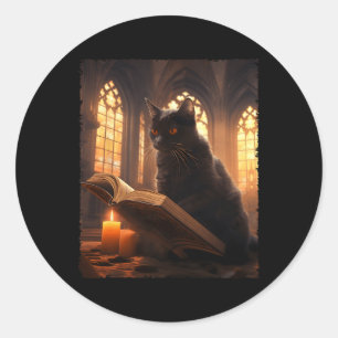 Retro schwarze Katze liest Buch Vintage Halloween Runder Aufkleber