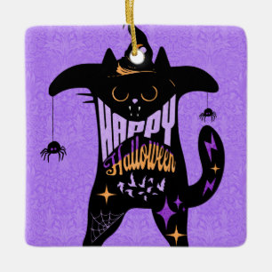 Retro schwarze Katze lustiges Halloween Keramikornament