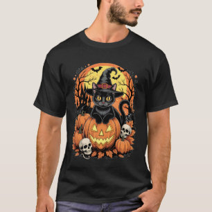 Retro schwarze Katzenhexe gruseliger Halloween-Kür T-Shirt