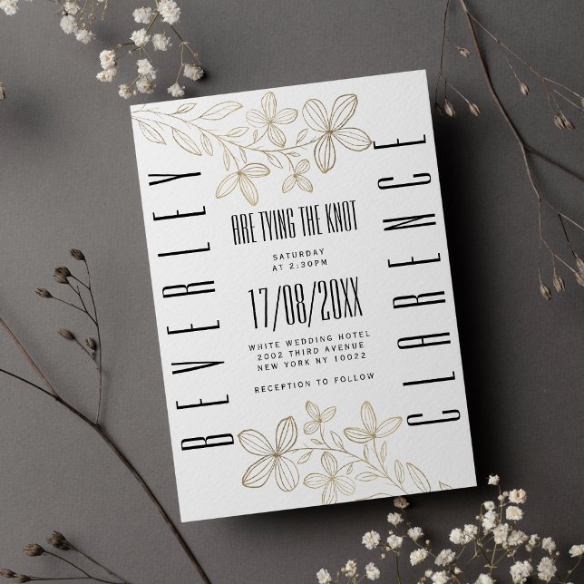 Retro Schwarze Typografie Weißgold Blumenhochzeit Einladung (Retro black typography white gold floral wedding)