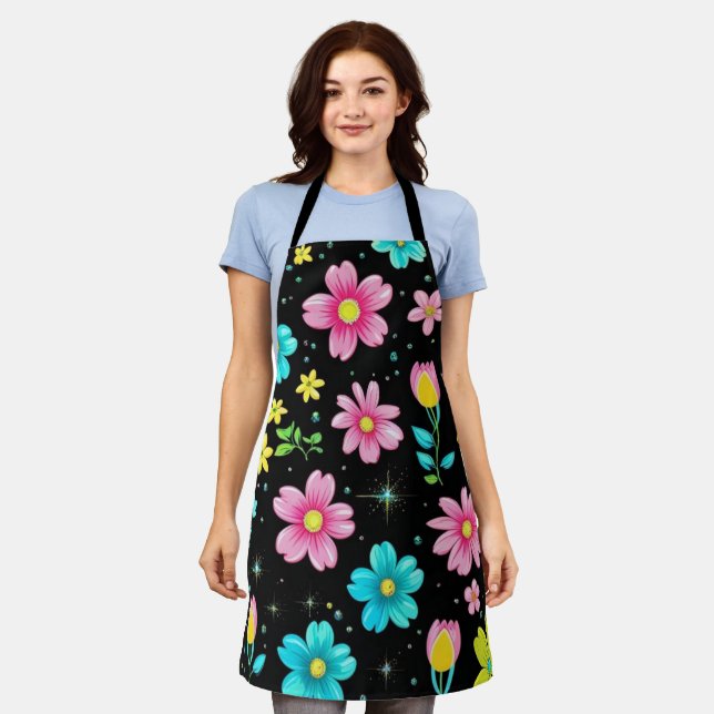 Retro Schwarzes farbenfrohes Blumenmuster Geburtst Schürze (Getragen)