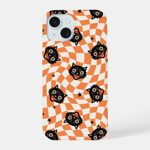 Retro-Schwarzkatze-Orange-Karomuster iPhone 15 Hülle
