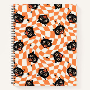 Retro Schwarzkatze Orange Karomuster Notizbuch