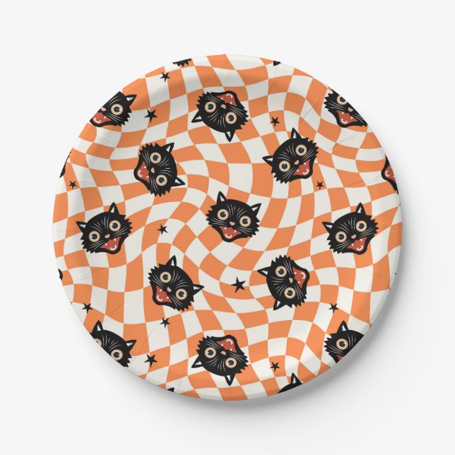 Retro Schwarzkatze Orange Karomuster Pappteller (Vorderseite)