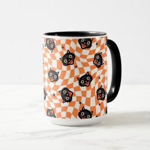 Retro Schwarzkatze Orange Karomuster Tasse