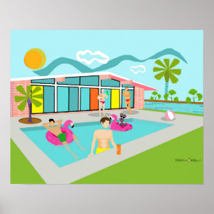Retro-Schwulen-Rosa-Flamingo-Poolparty Poster