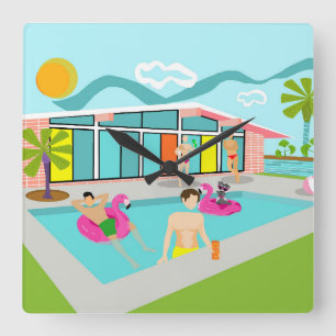 Retro-Schwulen-Rosa-Flamingo-Poolparty Quadratische Wanduhr