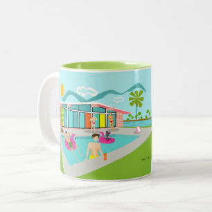Retro-Schwulen-Rosa-Flamingo-Poolparty Zweifarbige Tasse