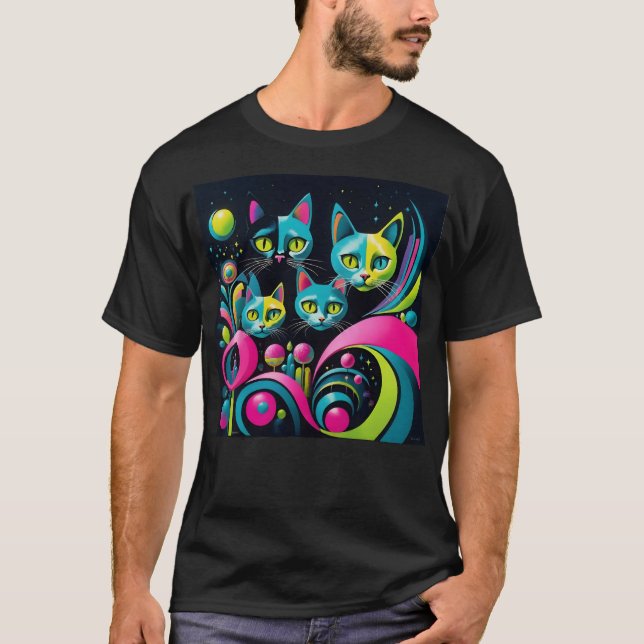 Retro Sci-Fi Cartoon Katzen T-Shirt (Vorderseite)