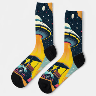Retro Sci Fi Cartoon Rocket Ship and Golf Cart Socken