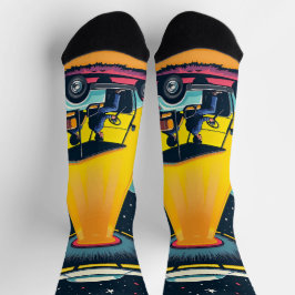 Retro Sci Fi Cartoon Rocket Ship and Golf Cart Socken