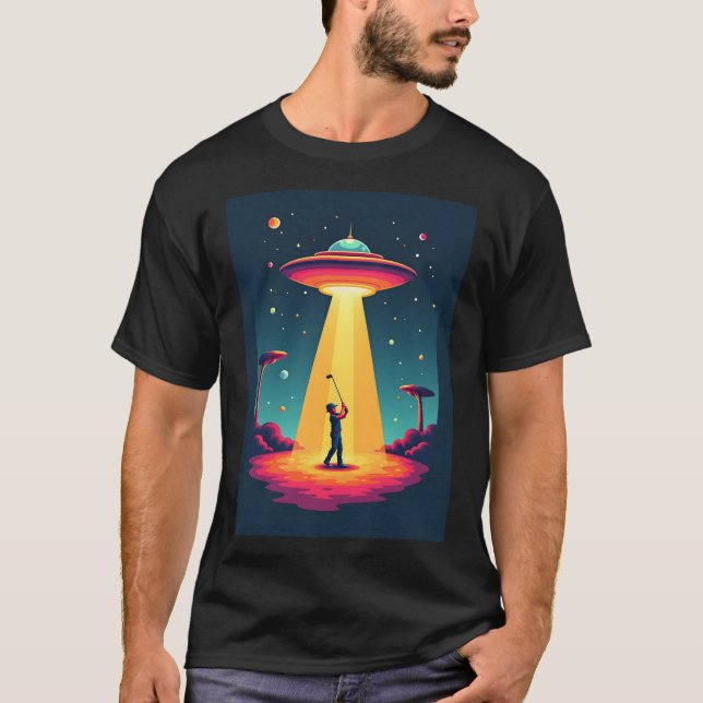 Retro Sci Fi Cartoon Rocket Ship and Golfer T-Shirt (Vorderseite)