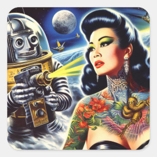Retro Sci-fi-Frau Quadratischer Aufkleber