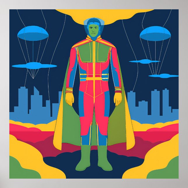 Retro Sci-Fi Hero Over Cityscape Poster (Vorne)