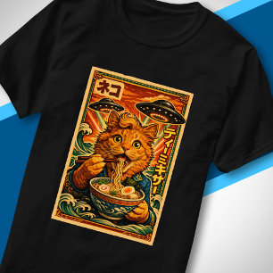 Retro-Sci-Fi-Japanischer-UFO-lustiger-Katze-Ramen- T-Shirt