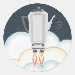 Retro-Sci-Fi-Kaffeemaschinen-Perkolator-Raketenrau Runder Aufkleber