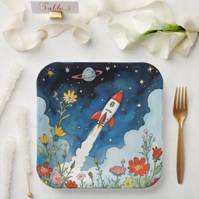 Retro-Sci-Fi-Rocketship über einen Nachtgarten Pappteller (Hochzeit)