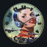 Retro Science Fiction-Uhr Große Wanduhr<br><div class="desc">Science Fiction in den Jahren hat auf vielen Formen und gefunkten Fantasie genommen. Dieser retro Science Fictionentwurf von der Jahrvergangenheit ist ein interessantes Nehmen auf,  wie Sachen entwickeln können. Dieser retro Science Fictionentwurf schaut auf dieser Uhr groß. Vervollkommnen Sie für selbst oder als Geschenk</div>