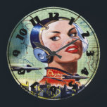 Retro Science Fiction-Uhr Große Wanduhr<br><div class="desc">Science Fiction in den Jahren hat auf vielen Formen und gefunkten Fantasie genommen. Dieser retro Science Fictionentwurf von der Jahrvergangenheit ist ein interessantes Nehmen auf, wie Sachen entwickeln können. Dieser retro Science Fictionentwurf schaut auf dieser Uhr groß. Vervollkommnen Sie für selbst oder als Geschenk</div>