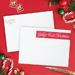 Retro Script Baby's First Christmas Rücksendeadres<br><div class="desc">Dieses elegante und festliche Retourenadressen-Label zeichnet sich durch einen roten Hintergrund mit weißer Schrift und moderner Typografie aus. Das Drehbuch grüßt "Baby's First Christmas". Passen Sie es mit Ihrem eigenen Namen und Ihrer eigenen Adresse an. Dieses Design koordiniert mit unserer "Baby's First Christmas" Urlaubskarte.</div>