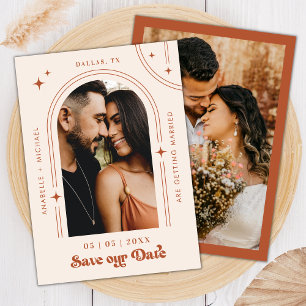 Retro Script Boho Arch Foto Terracotta Wedding Save The Date