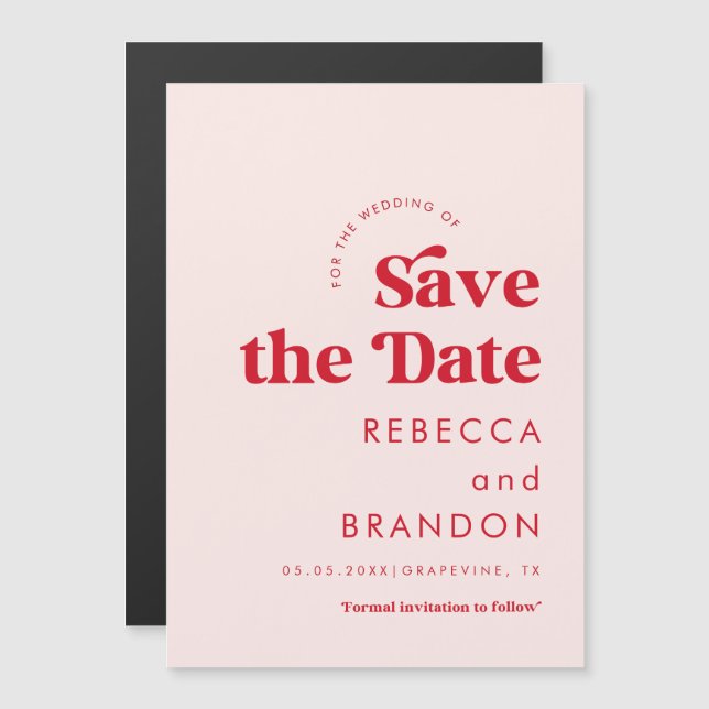 Retro Script Red & Pink Typografy Simple Wedding Magneteinladung (Vorne/Hinten)