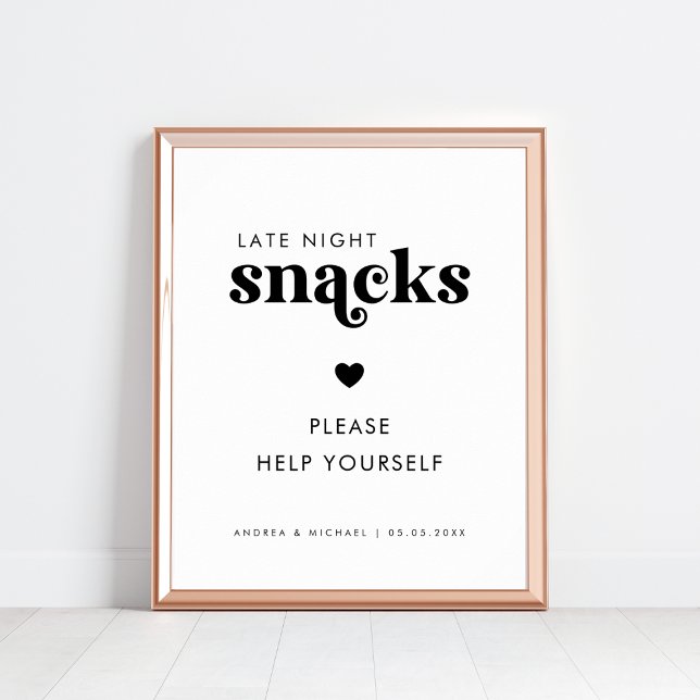 Retro Script Spate Night Snacks Heart Wedding Sign Poster (Von Creator hochgeladen)