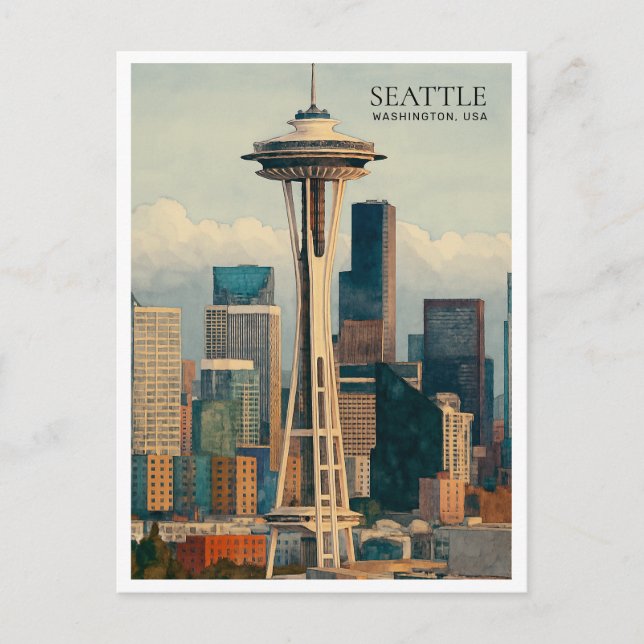 Retro Seattle Skyline Watercolor Karte (Vorderseite)