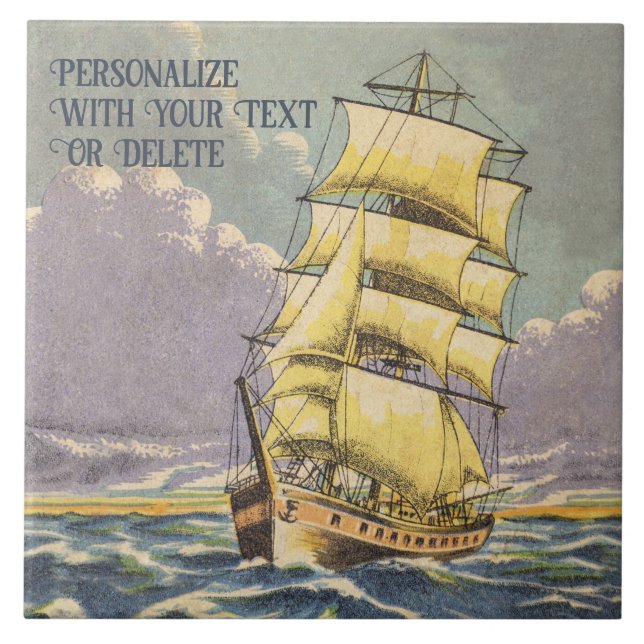 Retro Segelschiff Seaman Nautical Zeichnend Fliese (Vorderseite)
