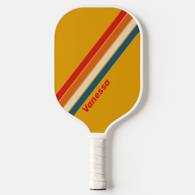 Retro Senf gestreift mit Namen Pickleball Schläger (Vorderseite)