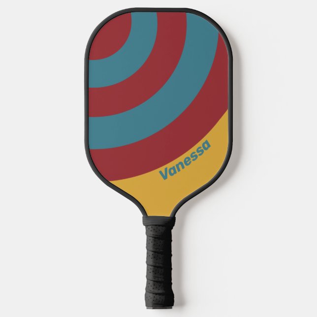 Retro-Senfkreisel Streifen mit Namen Pickleball Schläger (Vorderseite)