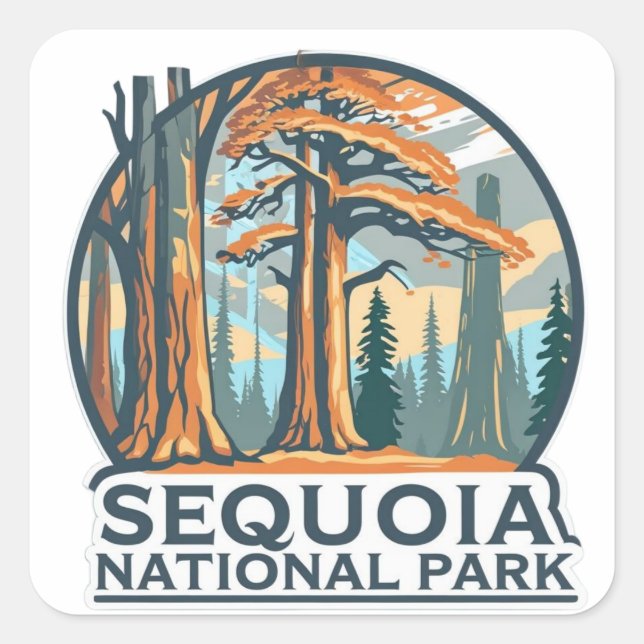 retro Sequoia National Park Giant Sequoia Trees Quadratischer Aufkleber (Vorderseite)