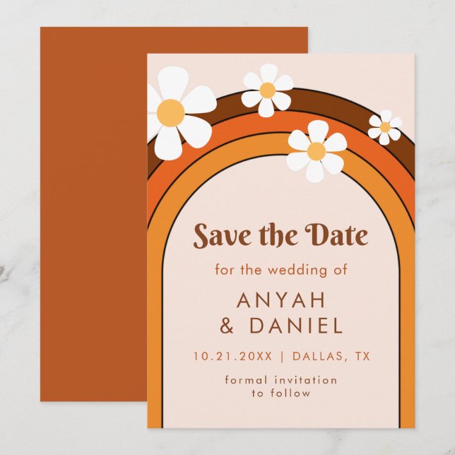 Retro Seventies Rainbow & Daisy Groovy Hippie Save The Date (Vorne/Hinten)