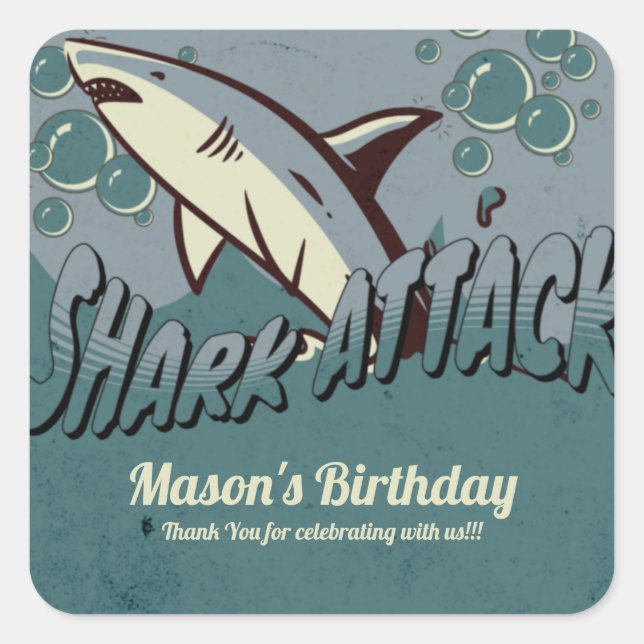 Retro Shark Themed Birthday Party Quadratischer Aufkleber (Vorderseite)