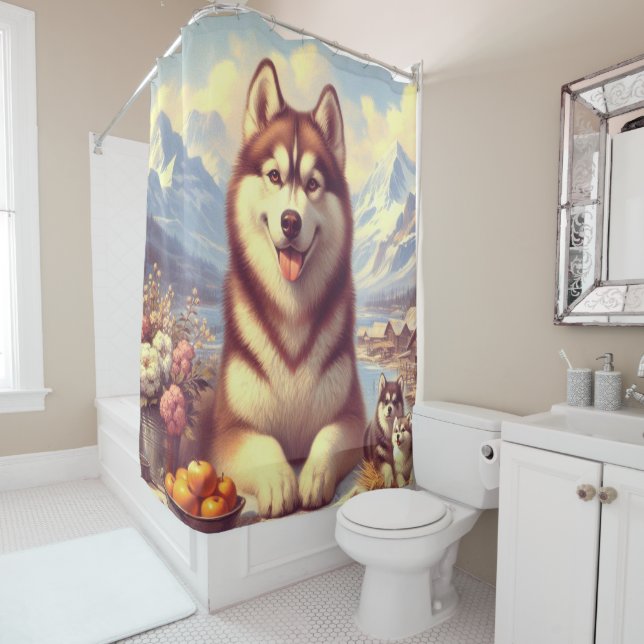 Retro Siberian Husky Gemälde Duschvorhang (Beispiel)