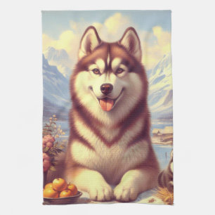 Retro Siberian Husky Gemälde Geschirrtuch
