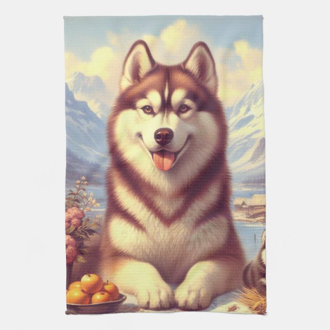 Retro Siberian Husky Gemälde Geschirrtuch (Vertikal)