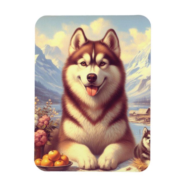 Retro Siberian Husky Gemälde Magnet (Vertikal)