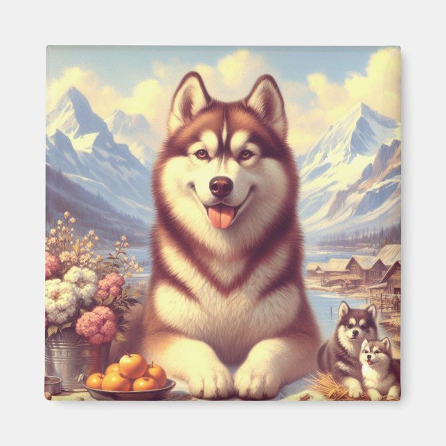 Retro Siberian Husky Gemälde Magnet (Vorne)
