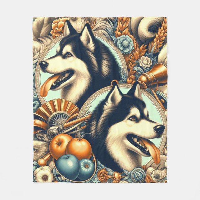 Retro Siberian Husky Illustration Fleecedecke (Vorderseite)