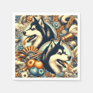 Retro Siberian Husky Illustration Serviette