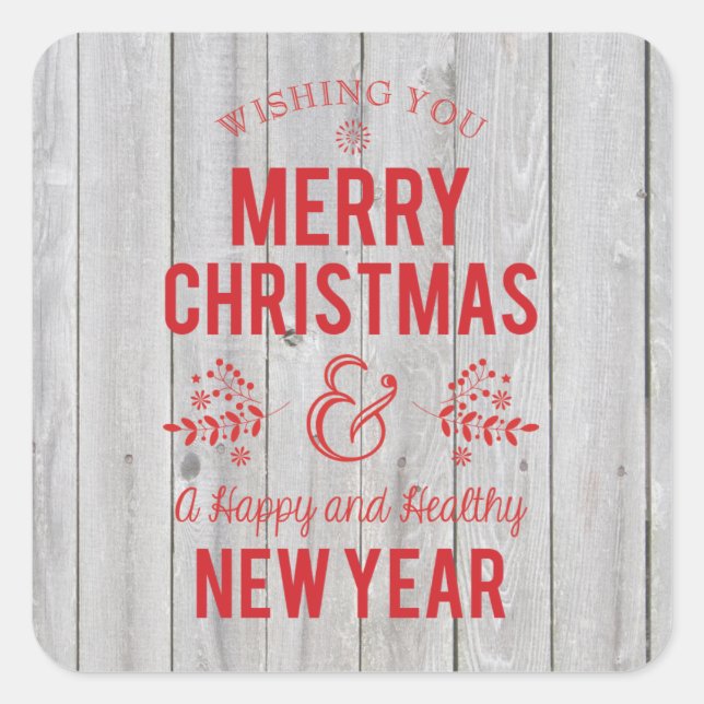 Retro Sign in Rustic Wood Frohe Weihnachtsaufklebe Quadratischer Aufkleber (Vorderseite)