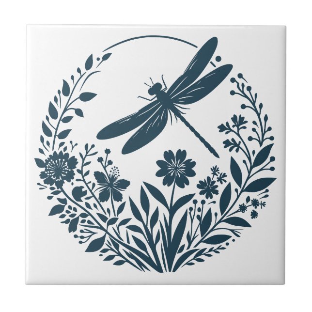 Retro-Silhouette Dragonfly mit Blume Fliese (Vorderseite)