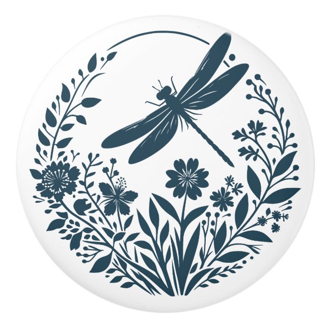Retro-Silhouette Dragonfly mit Blume Keramikknauf (Vorderseite)