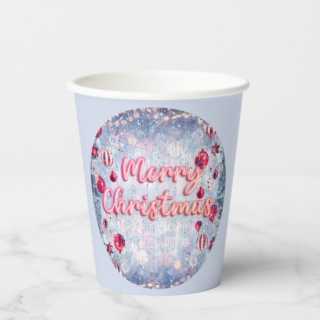 Retro Silver, Pink & Red Merry Christmas  Pappbecher (Vorderseite)