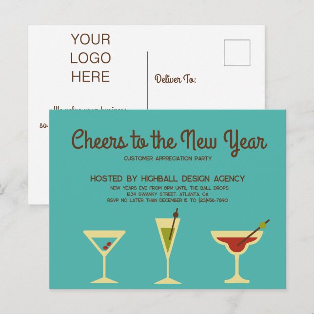 Retro Silvester Party - Einladung Postkarte (Vorne/Hinten)