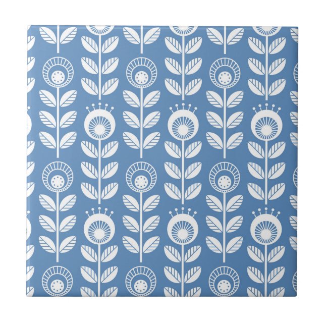 Retro skandinavisches blaues Muster Fliese (Vorderseite)