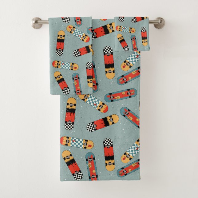 Retro Skateboard Blau Cool Nahtloses Muster Badhandtuch Set (Insitu)