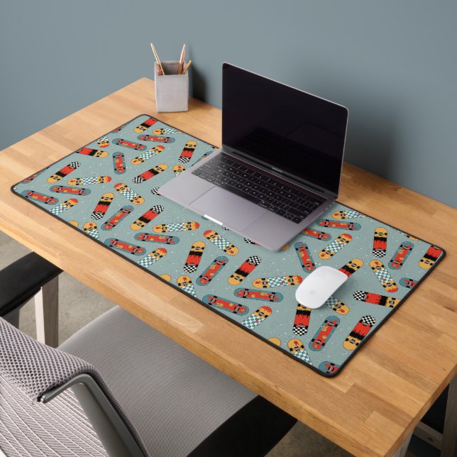Retro Skateboard Blau Cool Nahtloses Muster Schreibtischunterlage (Büro 2)