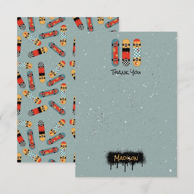 Retro Skateboard Blaue Coole Individuelle Name Kin Dankeskarte (Vorne/Hinten)